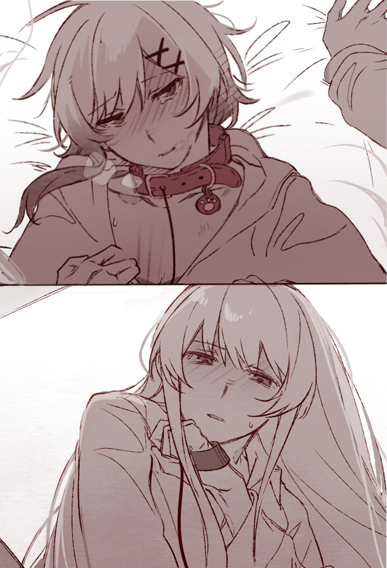 heihuamu1, nikaido hiro, sakuraba ema, mahou shoujo no majo saiban, 2girls, blush, collar, holding, holding leash, hood, hoodie, leash, monochrome, multiple girls, on bed, parted lips, scratches, shirt, sweat, yuri