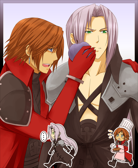 meru, genesis rhapsodos, sephiroth, crisis core final fantasy vii, final fantasy, final fantasy vii, silver hair, 1990s (style), 2boys, apple, apron, banora white, blue eyes, chef, chibi, earrings, feeding, food, force-feeding, fruit, gloves, green eyes, jewelry, long hair, male focus, multiple boys, open mouth, orange hair, pie, retro artstyle, short hair, shoulder pads
