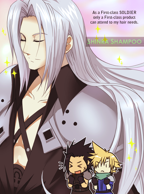 meru, cloud strife, sephiroth, zack fair, crisis core final fantasy vii, final fantasy, final fantasy vii, square enix, silver hair, commentary, > <, 1990s (style), 3boys, ad, black hair, chibi, closed eyes, english text, fabulous, long hair, male focus, multiple boys, retro artstyle, shoulder pads, smile, sparkle, | |