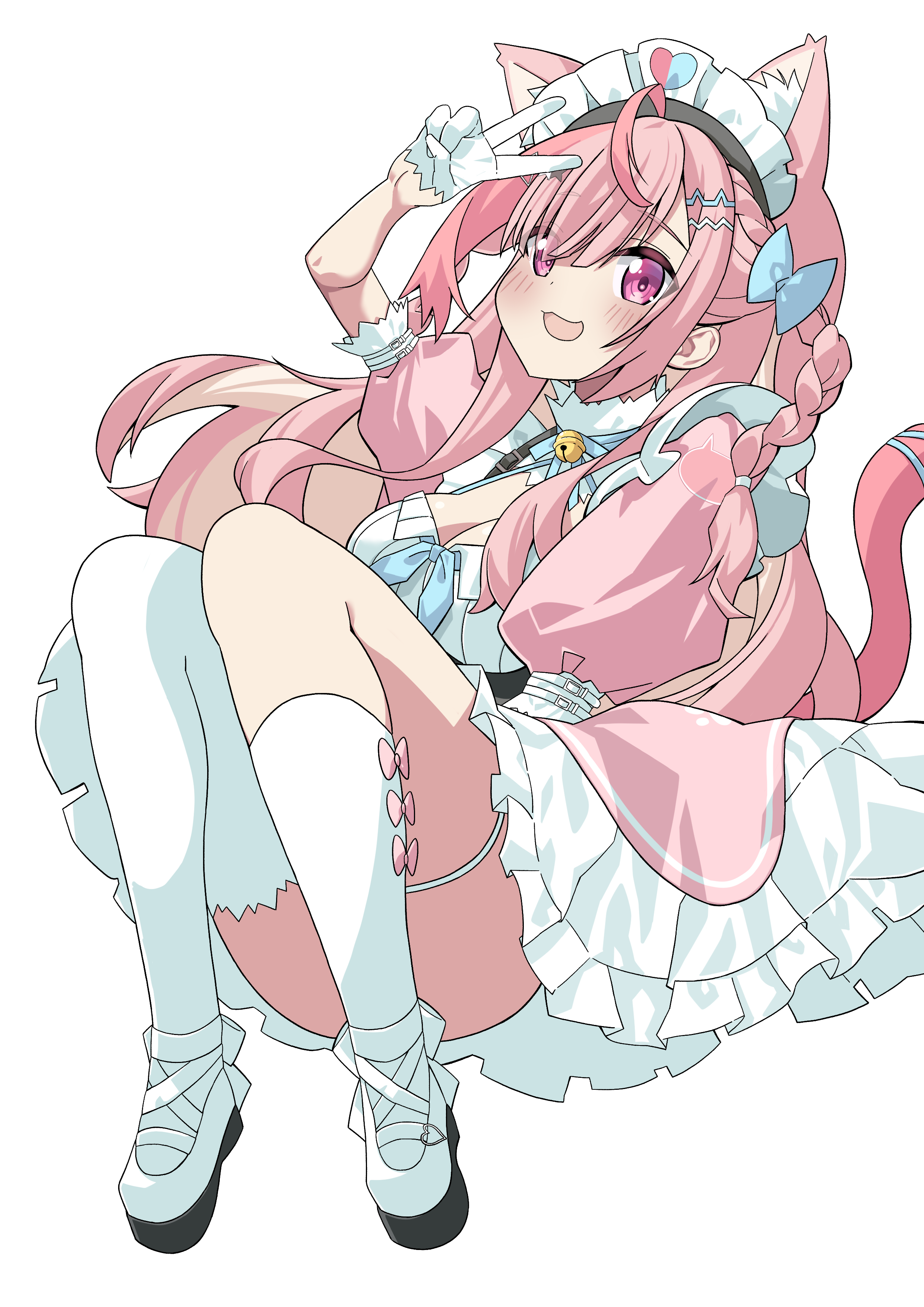 for-somebody, yuuki sakuna, indie virtual youtuber, absurdres, commentary, highres, 1girl, :3, animal ears, animal print, bell, blue bow, blue ribbon, blush, bow, bow legwear, braid, breasts, cat ears, cat girl, cat hair ornament, cat print, cat tail, cleavage, dress, extra ears, gloves, hair bow, hair ornament, hairclip, jingle bell, knees up, large breasts, long hair, looking at viewer, maid, maid headdress, neck bell, neck ribbon, open mouth, pink bow, pink dress, pink eyes, pink hair, pink tail, ribbon, shoes, short sleeves, simple background, single sock, single thighhigh, smile, socks, solo, star (symbol), star hair ornament, tail, tail ornament, tail ribbon, thigh strap, thighhighs, thighs, v, virtual youtuber, white background, white dress, white gloves, white shoes, white socks, white thighhighs