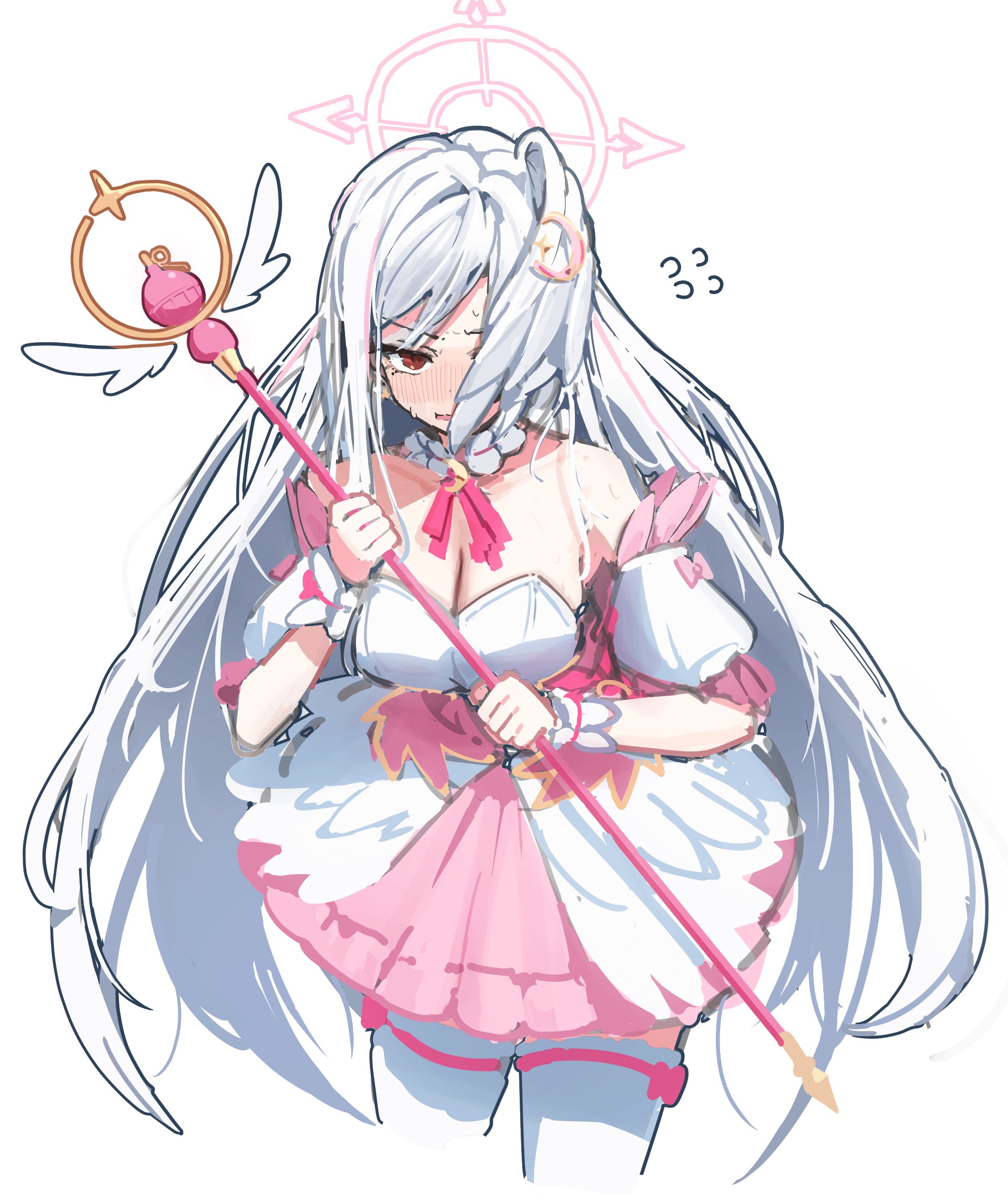 patanda, suzumi (blue archive), blue archive, absurdres, highres, 1girl, alternate costume, bare shoulders, blush, breasts, cleavage, cosplay, cropped legs, detached sleeves, dress, flying sweatdrops, hair ornament, hair over one eye, halo, holding, holding staff, holding wand, large breasts, long hair, magical girl, pink halo, puffy sleeves, red eyes, simple background, solo, staff, strapless, strapless dress, suzumi (magical) (blue archive), thighhighs, very long hair, wand, white background, white dress, white hair, white thighhighs