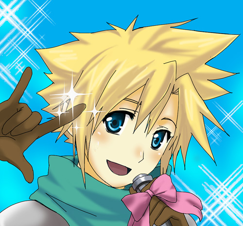 meru, cloud strife, crisis core final fantasy vii, final fantasy, final fantasy vii, macross, macross frontier, lowres, 1boy, m/, aqua background, blonde hair, blue eyes, bow, gloves, male focus, microphone, parody, seikan hikou, smile, solo, sparkle