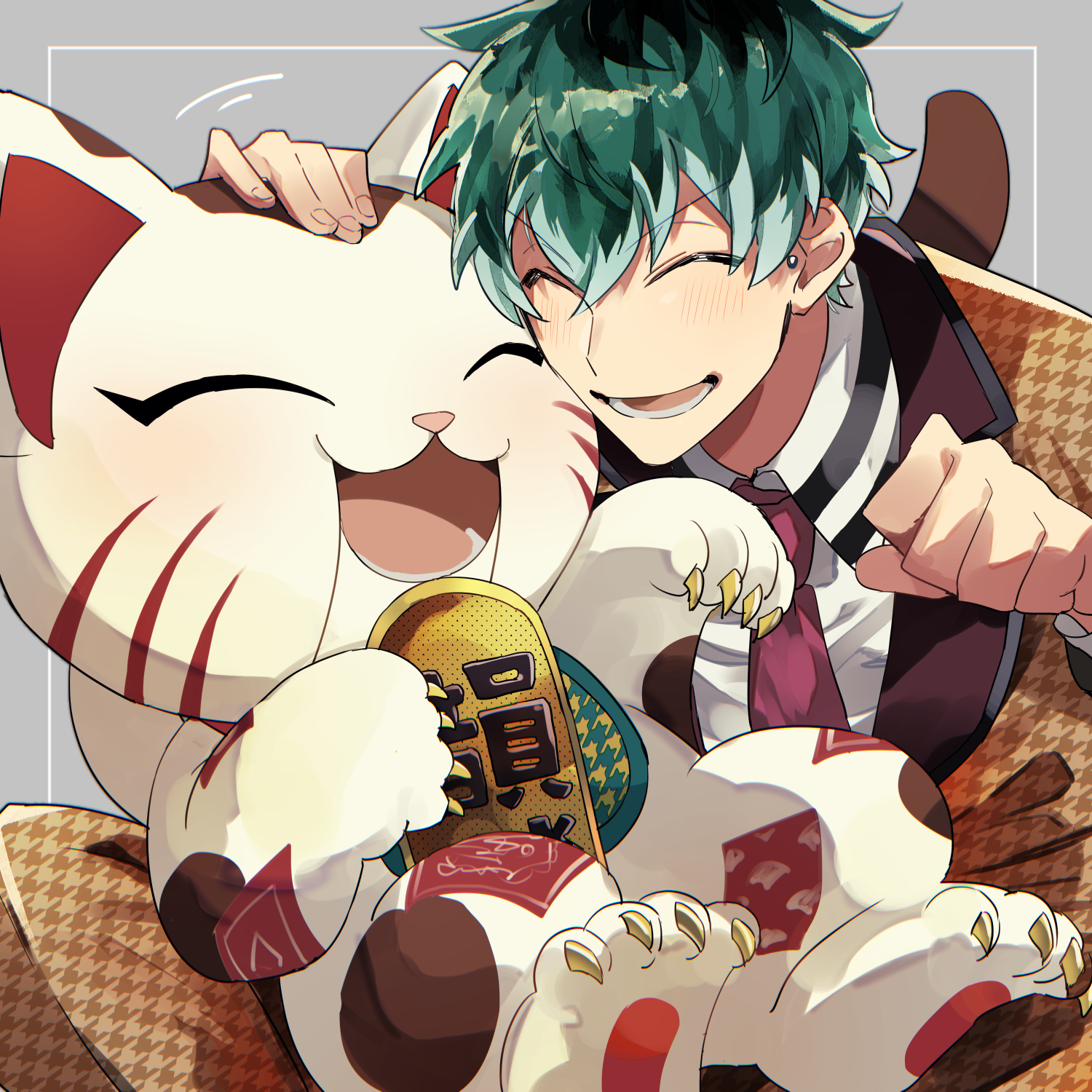 yuu (areruya), nurude sasara, hypnosis mic, highres, 1boy, aqua hair, cat, claws, closed eyes, ear piercing, formal clothes, furrowed brow, grin, houndstooth, lapels, male focus, maneki-neko, necktie, open mouth, patterned clothing, paw pose, piercing, red necktie, shirt, smile, solo, striped blush, suit, white shirt