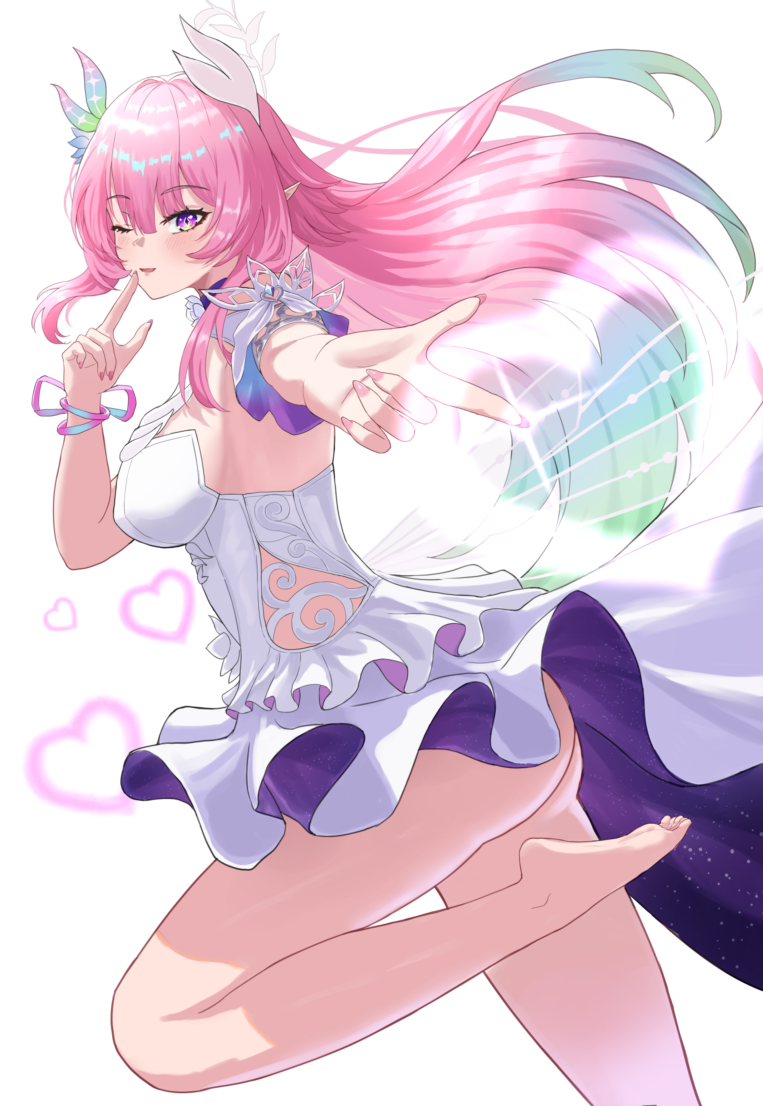 ayloss, cyrene (honkai: star rail), cyrene (ripples of past reverie) (honkai: star rail), honkai: star rail, honkai (series), absurdres, commentary, hashtag-only commentary, highres, 1girl, ass, bare legs, barefoot, breasts, dress, fingernails, from side, hair ornament, hand up, large breasts, legs, long hair, looking at viewer, nail polish, one eye closed, outstretched arms, pink hair, pink nails, pointy ears, sidelocks, simple background, smile, solo, toes, white background, white dress
