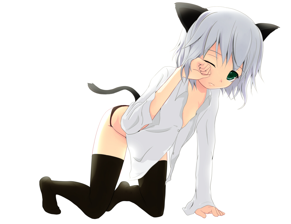 popo (0kyono0), sanya v. litvyak, strike witches, world witches series, silver hair, bad id, bad pixiv id, 00s, 1girl, animal ears, black thighhighs, female focus, green eyes, one eye closed, open clothes, open shirt, panties, shirt, short hair, solo, tail, thighhighs, underwear, wink