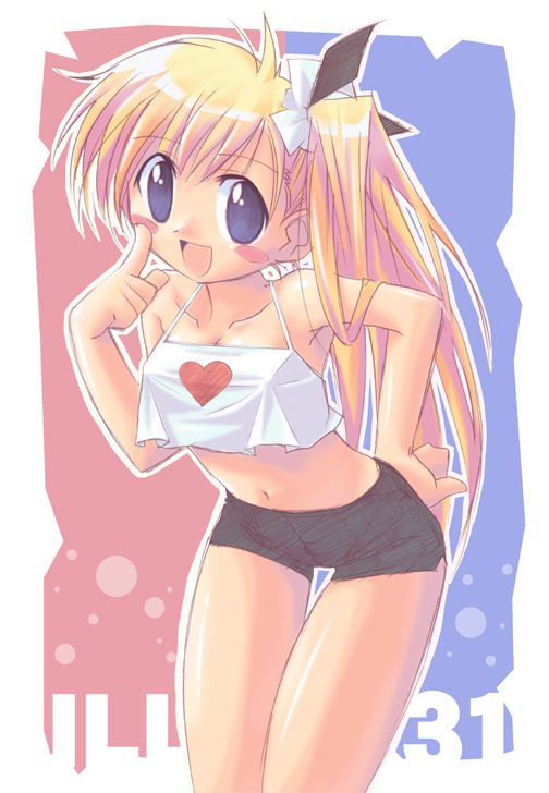 kazakami shun, 1girl, bent over, blonde hair, blue eyes, female focus, hand on own hip, hip focus, long hair, midriff, navel, side ponytail, solo, thigh gap, thighs