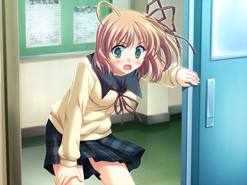 odawara hakone, imasato wakana, concerto note, game cg, non-web source, 1girl, brown hair, female focus, green eyes, plaid clothes, plaid skirt, school uniform, short hair, side ponytail, skirt, solo