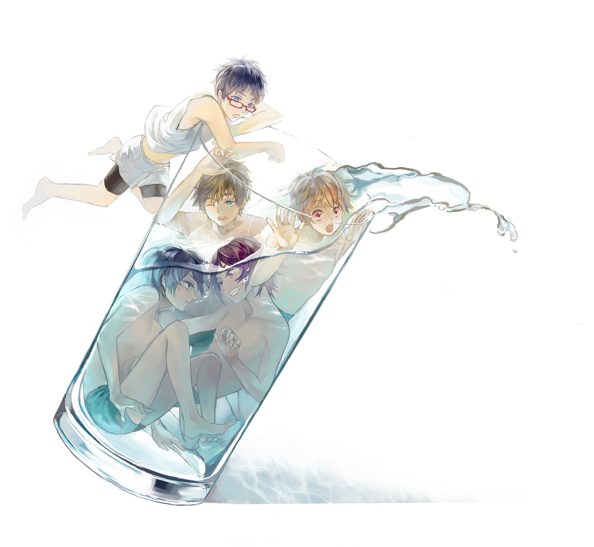 hazuki nagisa, matsuoka rin, nanase haruka (free!), ryuugazaki rei, tachibana makoto, free!, 5boys, glass, multiple boys, topless male, water