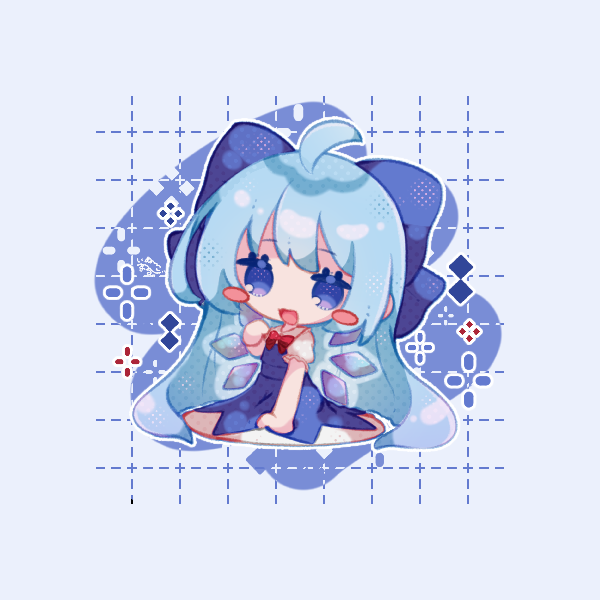 inukkomaru, cirno, touhou, 1girl, blue dress, blue hair, blue ribbon, blush, chibi, chibi only, dress, hair ribbon, ice, ice wings, long hair, open mouth, red ribbon, ribbon, short sleeves, smile, wings