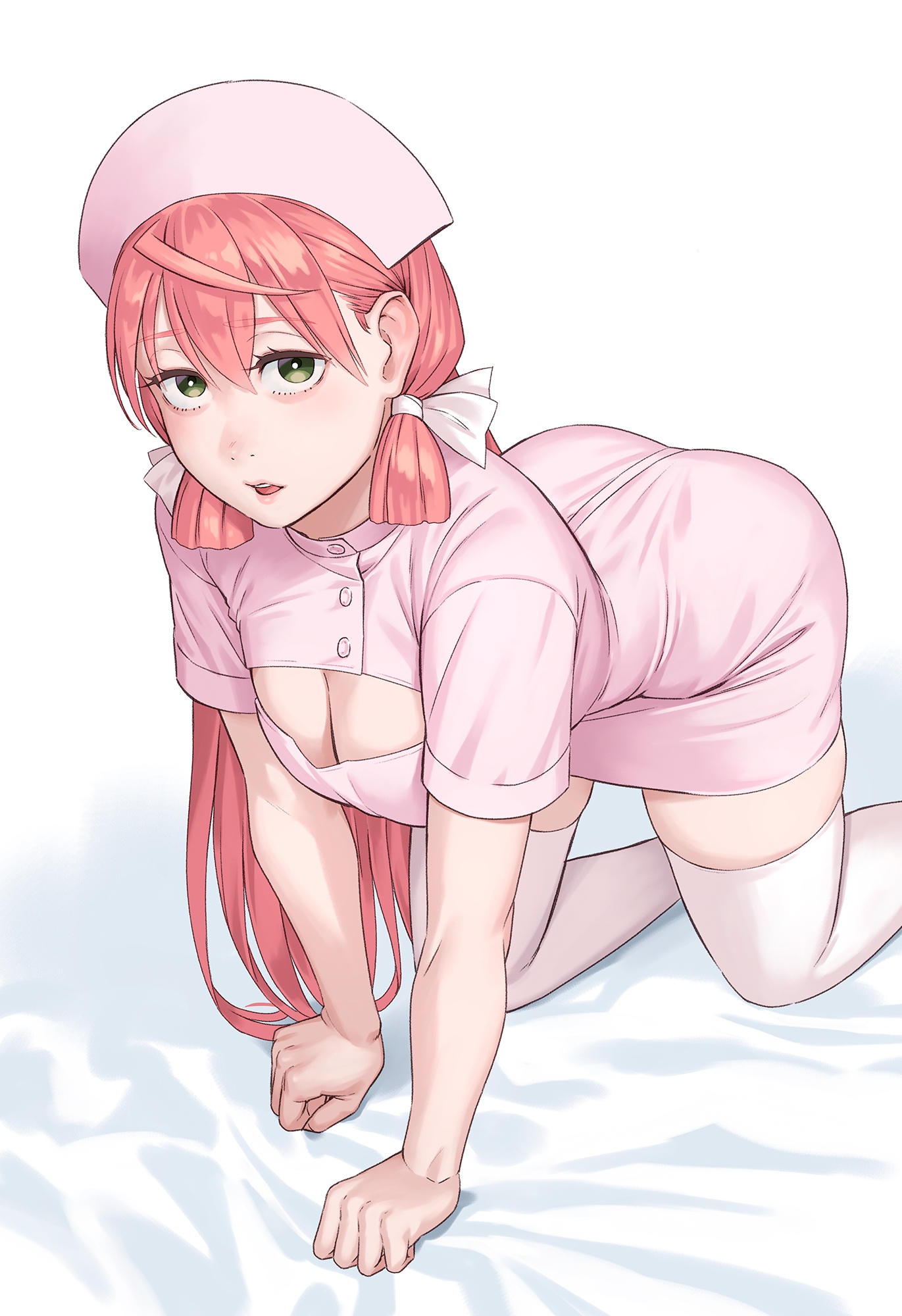 yuuji (and), akashi (kancolle), kantai collection, commentary request, highres, 1girl, all fours, alternate costume, ass, blunt tresses, breasts, cleavage, cleavage cutout, clothing cutout, dress, green eyes, hair ribbon, hat, long hair, medium breasts, nurse, nurse cap, pink dress, pink hair, pink hat, ribbon, solo, thighhighs, tress ribbon, white background, white thighhighs