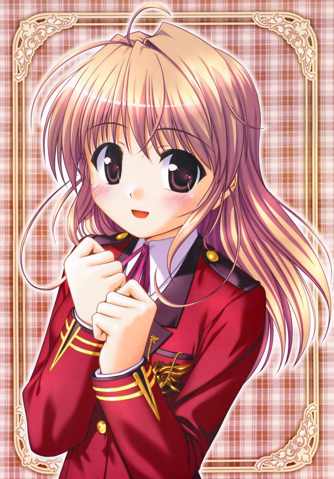 bekkankou, yuuki haruna, fortune arterial, highres, 1girl, ahoge, blush, brown hair, female focus, plaid background, purple eyes, school uniform, smile, solo