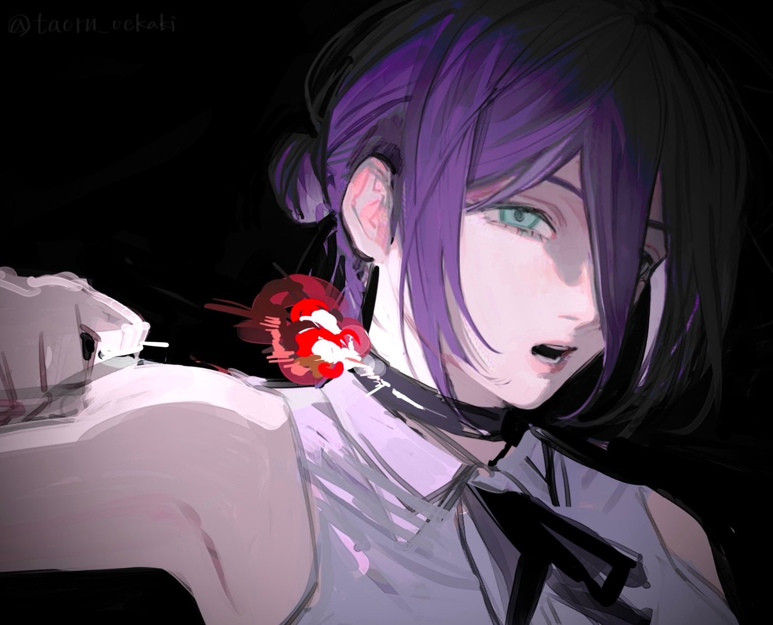 taoyaka taoru, reze (chainsaw man), chainsaw man, highres, 1girl, armpits, artist name, bare shoulders, black background, black choker, black ribbon, choker, clenched hand, collared shirt, green eyes, hair between eyes, hair bun, hand up, lips, long hair between eyes, looking at viewer, neck ribbon, open mouth, pink lips, purple hair, ribbon, shirt, short hair, simple background, sleeveless, sleeveless shirt, solo, teeth, upper body, white shirt