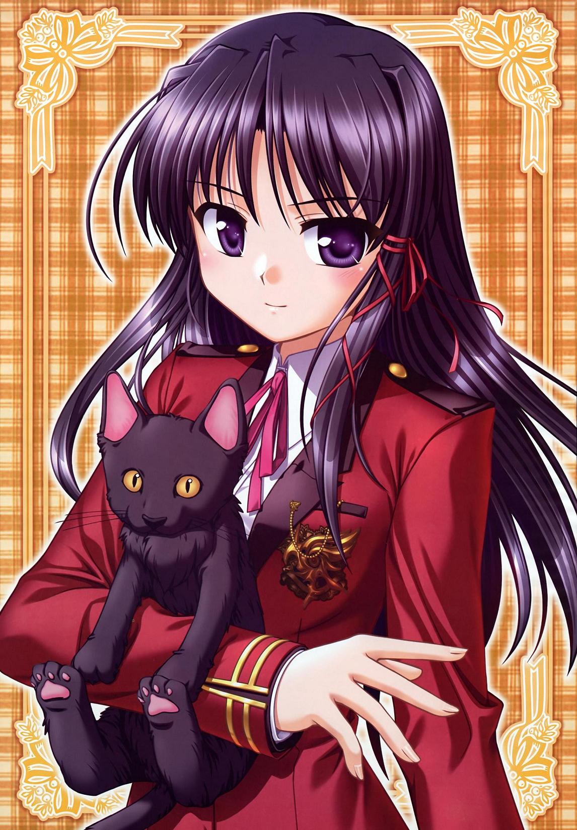 bekkankou, kuze kiriha, fortune arterial, highres, 1girl, black cat, black hair, cat, female focus, long hair, purple eyes, school uniform, solo