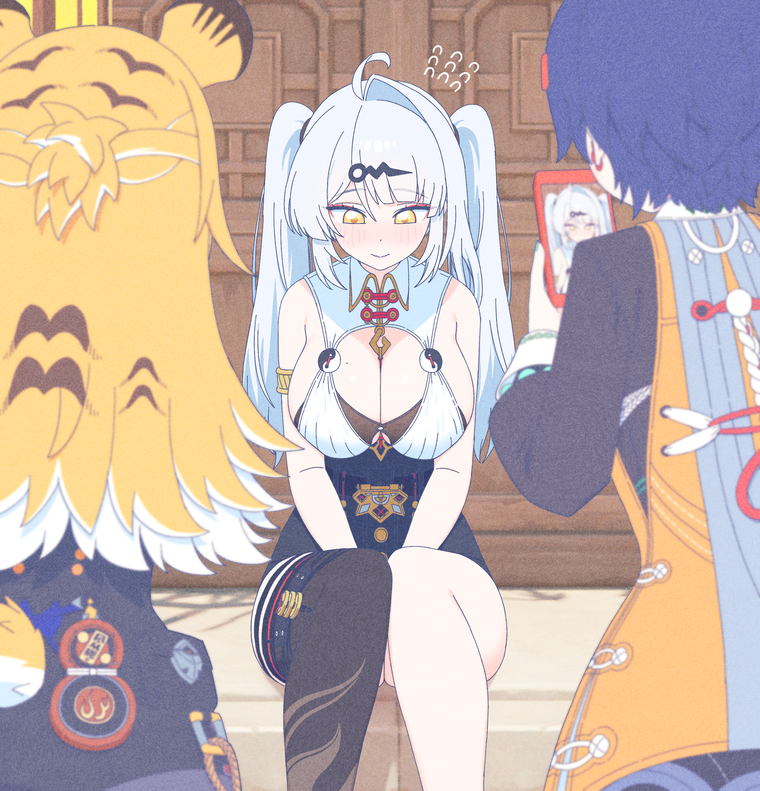 parangmuru, belle (delicate sunlight) (zenless zone zero), belle (zenless zone zero), ju fufu, yixuan (zenless zone zero), zenless zone zero, absurdres, highres, 3girls, ahoge, alternate hairstyle, animal ears, black thighhighs, blonde hair, blue hair, blush, breasts, cellphone, cleavage, closed mouth, from behind, grey hair, holding, holding phone, large breasts, long hair, long sleeves, looking down, multiple girls, phone, short hair, single thighhigh, sitting, smartphone, tail, thighhighs, tiger ears, tiger girl, tiger tail, twintails, yellow eyes