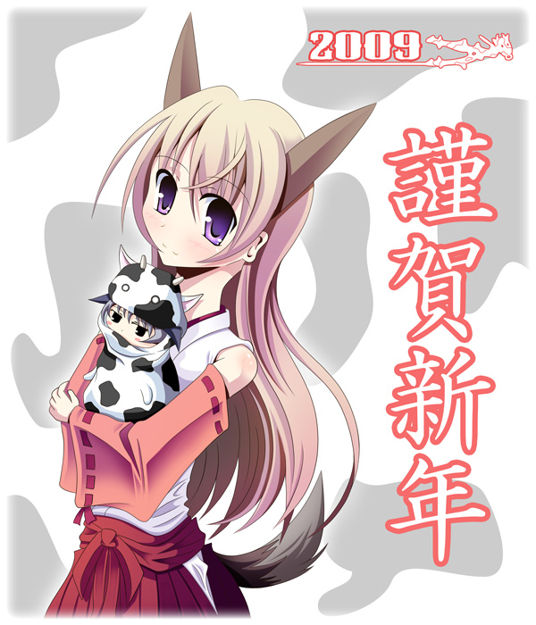 binzume suika, eila ilmatar juutilainen, sanya v. litvyak, strike witches, world witches series, bad id, bad pixiv id, 00s, 1girl, animal costume, animal ears, animal print, blonde hair, cow costume, cow print, detached sleeves, female focus, japanese clothes, long hair, miko, purple eyes, solo, tail