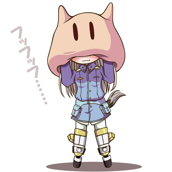 binzume suika, eila ilmatar juutilainen, clannad, dango daikazoku, strike witches, world witches series, 1girl, :3, cosplay, dango, female focus, food, military, military uniform, pantyhose, parody, solo, tail, wagashi, white pantyhose