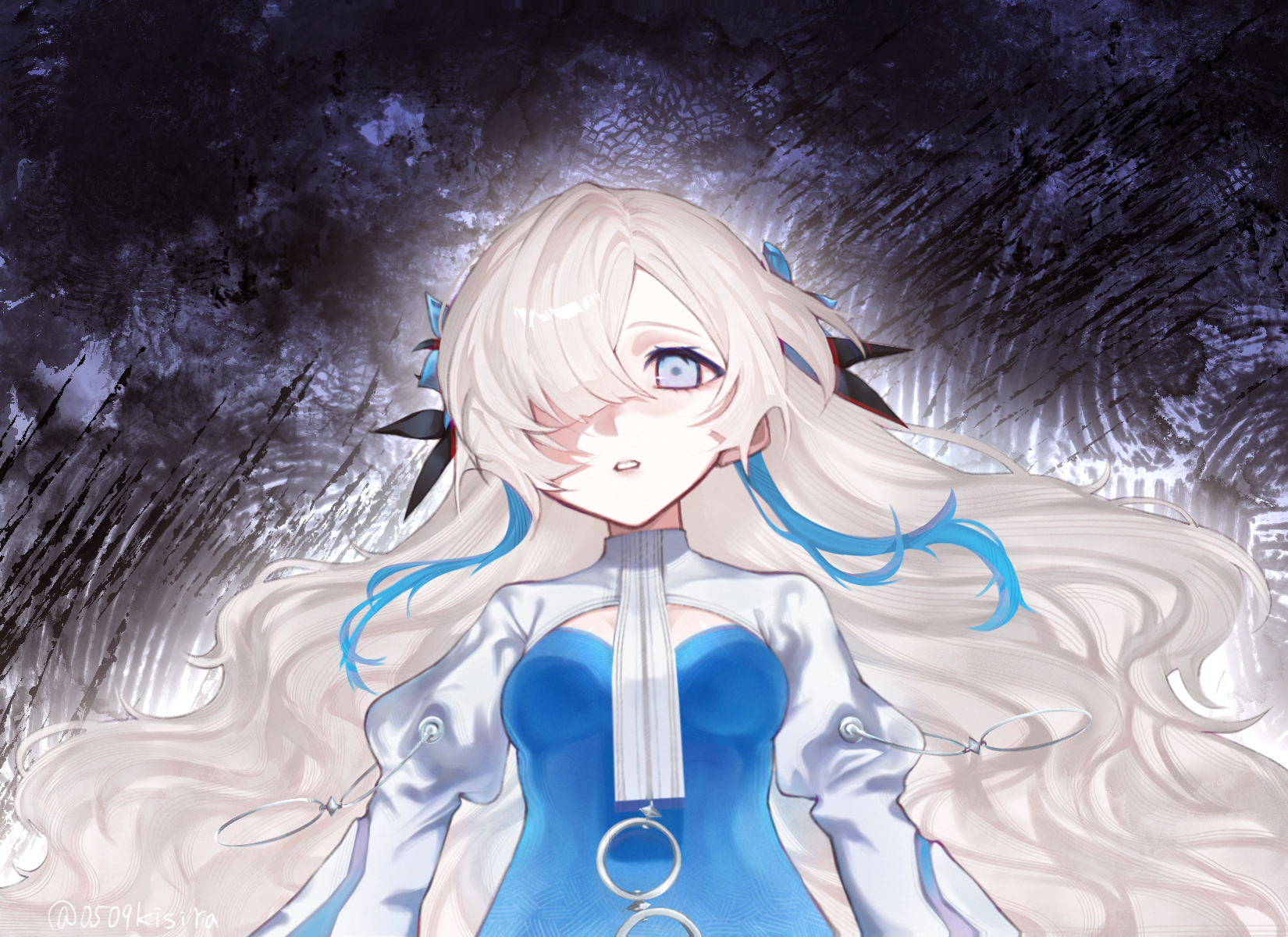isekaijoucho, kamitsubaki studio, highres, 1girl, blue eyes, blue hair, dark background, dress, expressionless, flower, hair flower, hair ornament, hair over one eye, kisira 0509, long hair, looking at viewer, multicolored hair, parted lips, solo, two-tone hair, upper body, very long hair, white hair