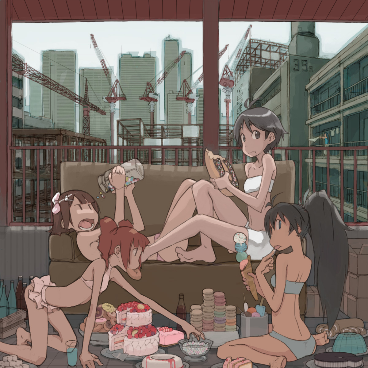 tugeneko, amami haruka, ganaha hibiki, kikuchi makoto, miura azusa, takatsuki yayoi, idolmaster, idolmaster (classic), idolmaster 1, highres, 00s, 4girls, :p, :t, all fours, antenna hair, back, balcony, bandeau, bare back, bare shoulders, barefoot, bikini, black hair, blunt bangs, bottle, bow, bowl, box, brown hair, brown upholstery, building, cake, cake slice, candy, city, cola, construction, couch, crane (machine), cup, dark-skinned female, dark skin, donut, drink, drinking glass, eating, feet, flat chest, food, food in mouth, frilled bikini, frills, gelatin, grey bikini, hair bow, halterneck, holding, holding food, ice cream, ice cream cone, indoors, jar, knees up, konpeitou, licking, licking finger, long hair, looking at viewer, lying, macaron, midriff, mouth hold, multiple girls, on back, on couch, open mouth, pastry, pink bikini, plate, ponytail, popsicle, reaching, red hair, short hair, sitting, soda, soda bottle, spatula, strapless, strapless bikini, swimsuit, swiss roll, tongue, tongue out, tube top, twintails, wariza, white bikini