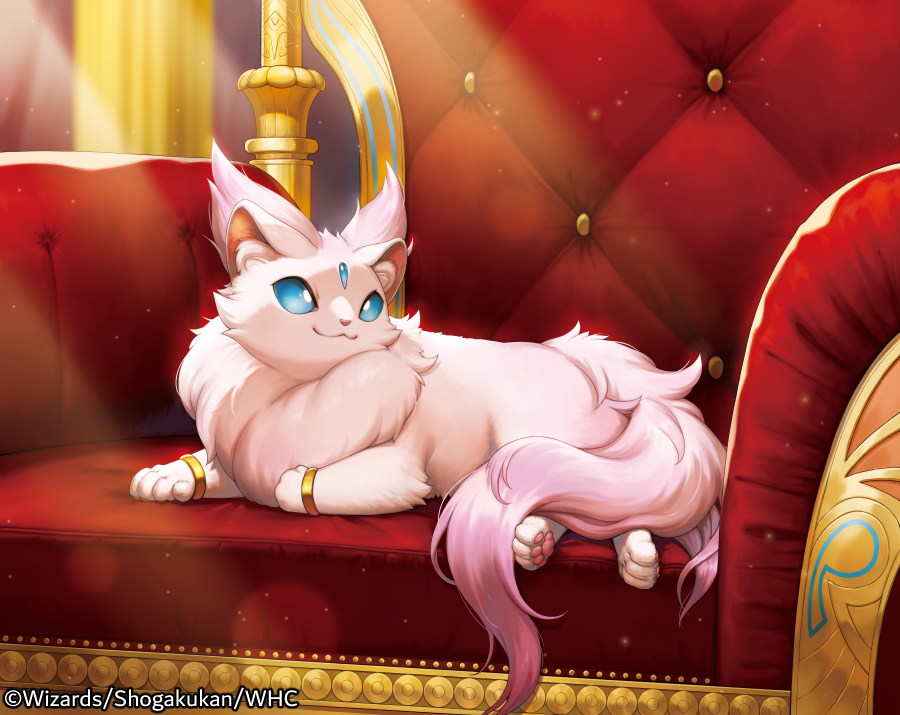 kemonomichi (blue black), duel masters, official art, :3, animal, bangle, blue eyes, bracelet, cat, chair, closed mouth, copyright name, jewelry, no humans, nyahan (duel masters), on chair, pawpads, solo, throne, white cat
