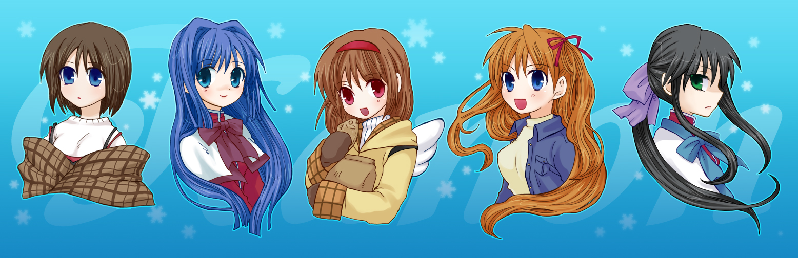 shimiko, kawasumi mai, minase nayuki, misaka shiori, sawatari makoto, tsukimiya ayu, kanon, bad id, bad pixiv id, long image, wide image, 5girls, backpack, bag, food, multiple girls, paper bag, randoseru, school uniform, shawl, taiyaki, wagashi, wings