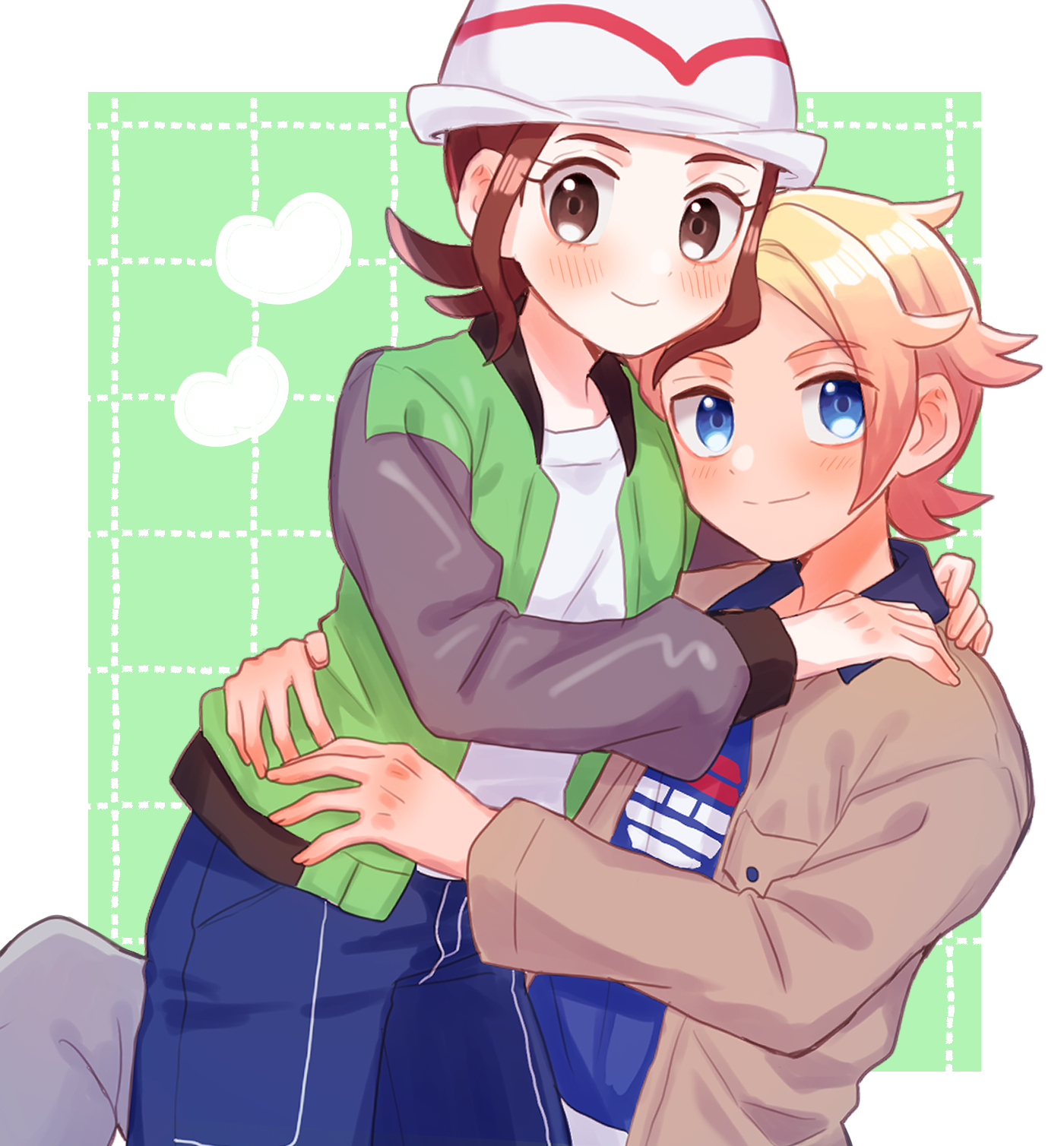 mochi (mocchi p 2m), harmony (pokemon), urbain (pokemon), nintendo, pokemon, pokemon legends: z-a, commentary request, highres, 1boy, 1girl, blonde hair, blue eyes, blue pants, blue shirt, blush, brown eyes, brown hair, brown jacket, closed mouth, eyelashes, green background, green jacket, grey pants, hand on another's shoulder, happy, hat, heart, hetero, jacket, long sleeves, open clothes, open jacket, pants, shirt, sidelocks, smile, white hat, white shirt