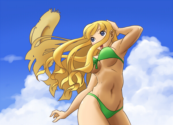 tatuo, original, 1girl, bikini, blonde hair, blue eyes, day, female focus, green bikini, hat, long hair, sky, solo, straw hat, swimsuit