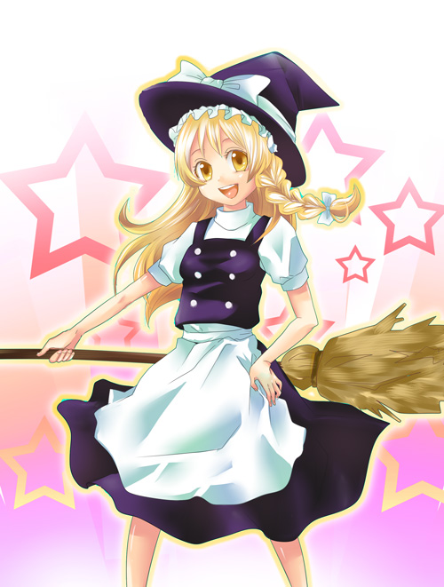tamaichi, kirisame marisa, touhou, bad id, bad pixiv id, 1girl, blonde hair, braid, broom, dress, female focus, gradient background, hand on own hip, hat, hip focus, long hair, solo, white background, witch, witch hat, yellow eyes