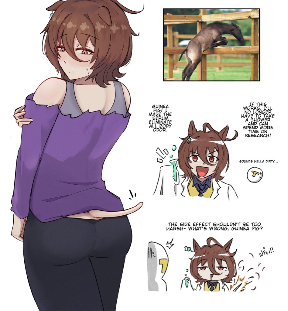 johnholl0w, agnes tachyon (casual) (umamusume), agnes tachyon (tach-nology) (umamusume), agnes tachyon (umamusume), t-head trainer (umamusume), trainer (umamusume), umamusume, reference photo, 1boy, 1girl, ahoge, animal ears, black pants, bra strap, brown hair, casual, closed mouth, coat, earrings, english text, hair between eyes, holding, holding test tube, horse ears, horse girl, horse tail, huge ahoge, jewelry, lab coat, long sleeves, medium hair, necktie, off-shoulder shirt, off-shoulder sweater, off shoulder, open mouth, pants, photo inset, purple shirt, purple sweater, red eyes, shirt, short necktie, single earring, sleeves past fingers, sleeves past wrists, smile, sweat, sweater, tail, test tube, white coat, wolf cut, yellow sweater
