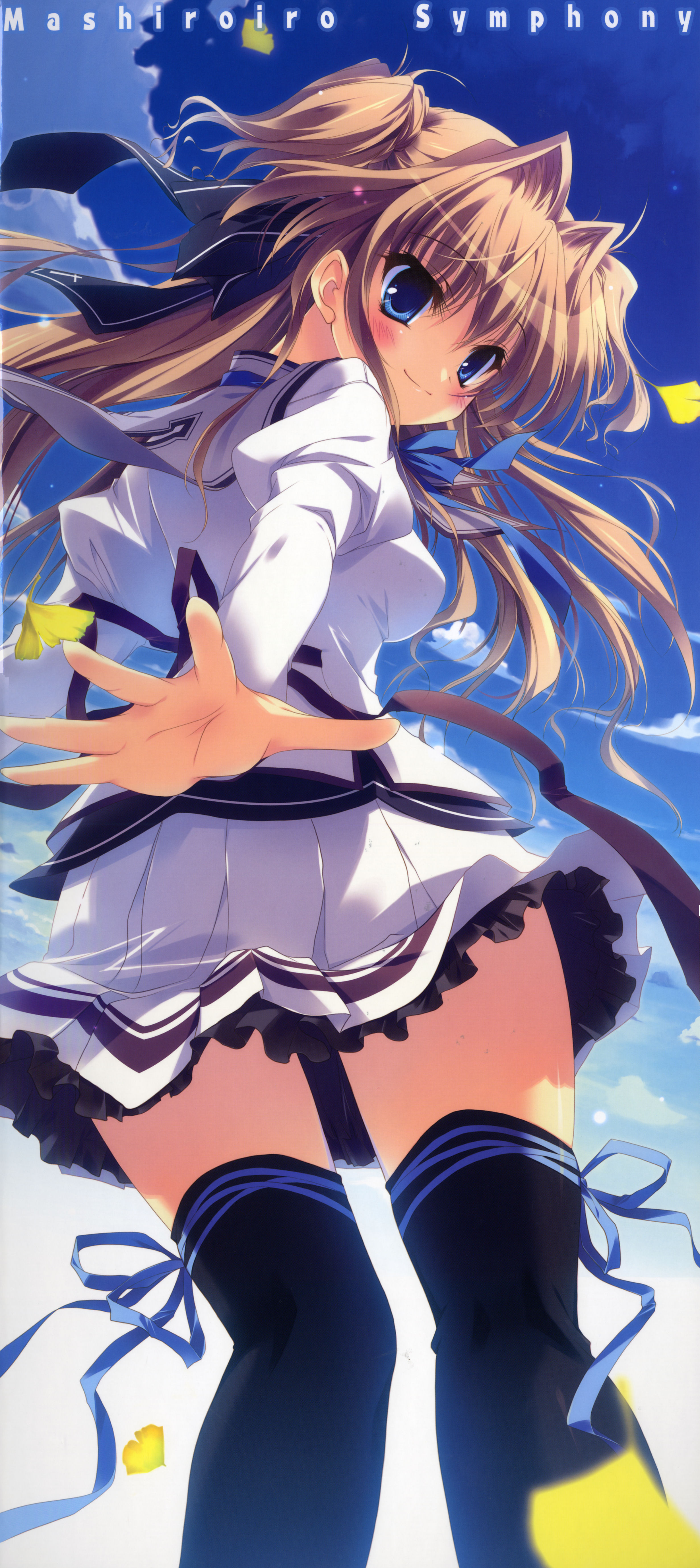 izumi tsubasu, sena airi, mashiroiro symphony, absurdres, highres, long image, tall image, 1girl, black thighhighs, blue eyes, blush, brown hair, copyright name, female focus, hair intakes, hair ribbon, leg ribbon, long hair, looking back, outstretched arm, outstretched hand, pleated skirt, ribbon, skirt, smile, solo, stick poster, thigh ribbon, thighhighs, two side up, zettai ryouiki