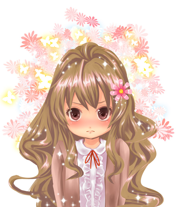 tamaichi, aisaka taiga, toradora!, bad id, bad pixiv id, 00s, blush, brown eyes, brown hair, flower, hair flower, hair ornament, long hair, solo