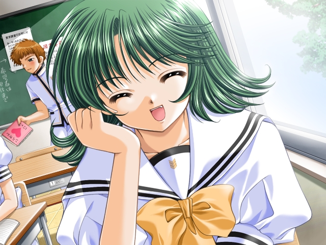 nishimata aoi, yaegashi tsubasa, sore wa maichiru sakura no you ni, game cg, non-web source, 1boy, 1girl, classroom, closed eyes, dutch angle, green hair, indoors, laughing, open mouth, school, school uniform, short hair, sitting, solo focus, standing