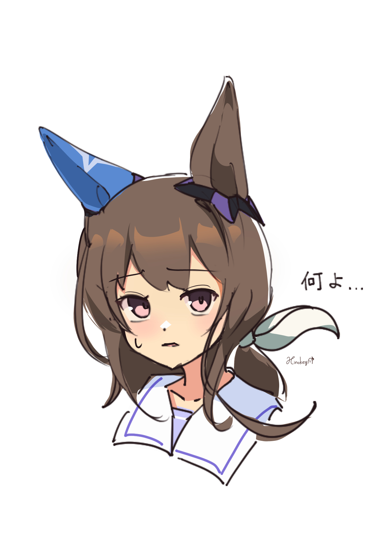 hinokey (hinokey0126), admire vega (umamusume), umamusume, highres, 1girl, animal ears, blush, brown hair, closed mouth, ear covers, ear ornament, hair between eyes, horse ears, horse girl, long hair, looking at viewer, low ponytail, ponytail, portrait, purple eyes, sailor collar, school uniform, simple background, single ear cover, solo, sweatdrop, tracen school uniform, white background, white sailor collar