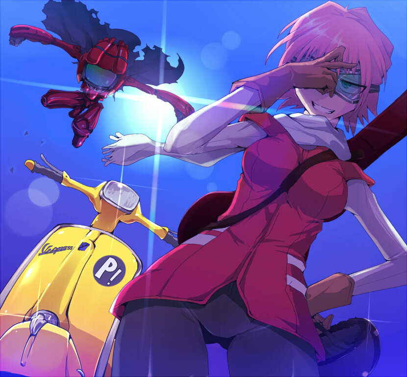 kasai shin, canti, haruhara haruko, flcl, vespa, vehicle, 00s, 1girl, cloak, gloves, goggles, grin, guitar, guitar case, helmet, instrument, instrument case, leggings, motor vehicle, pink hair, robot, scarf, scooter, shadow, short hair, smile, sunlight, vest
