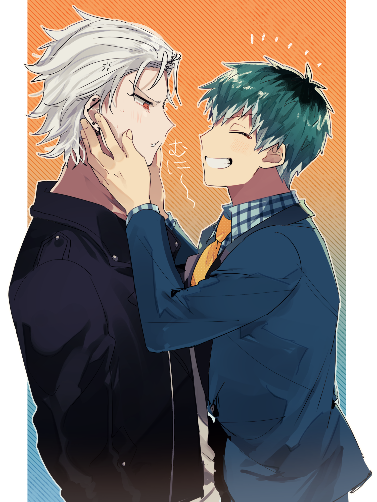 yuu (areruya), aohitsugi samatoki, nurude sasara, hypnosis mic, highres, 2boys, anger vein, aqua hair, black jacket, blue suit, closed eyes, ear piercing, earrings, formal clothes, grid, grid print, grin, hair slicked back, hands on another's face, jacket, jewelry, leather, leather jacket, light blush, looking at another, male focus, multiple boys, necktie, pale skin, piercing, profile, red eyes, smile, suit, upper body, white hair, yaoi, yellow necktie