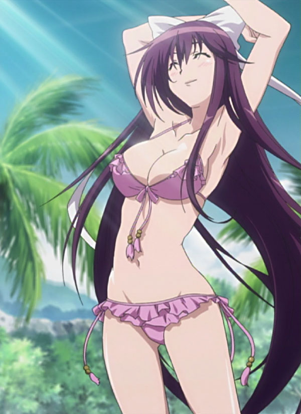 ikaruga ibuki, asu no yoichi, anime screenshot, stitched, third-party edit, 00s, 1girl, armpits, arms up, bikini, blush, bow, breasts, cleavage, closed eyes, cowboy shot, day, female focus, frilled bikini, frills, front-tie top, hair bow, large breasts, long hair, lowleg, lowleg bikini, purple eyes, purple hair, side-tie bikini bottom, smile, solo, stretching, swimsuit, very long hair