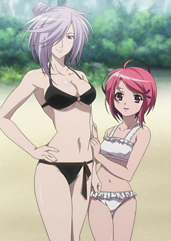 takatsukasa angela, tsubame tsubasa, asu no yoichi, light purple hair, anime screenshot, stitched, third-party edit, 00s, 2girls, beach, bikini, breasts, cleavage, day, flat chest, hair ornament, hair over one eye, hairclip, medium breasts, midriff, multiple girls, outdoors, pink eyes, pink hair, purple eyes, small breasts, smile, swimsuit, underboob