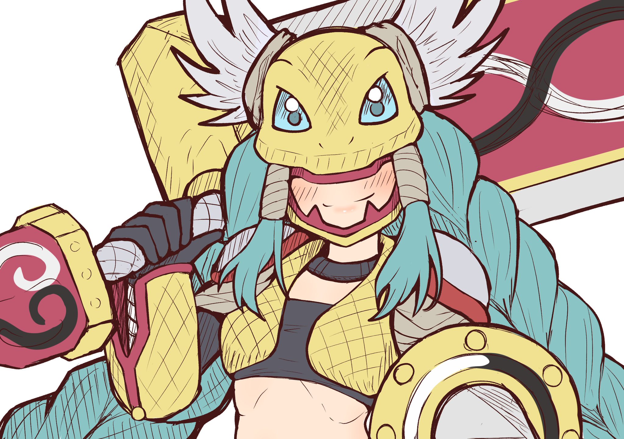 shutchi, minervamon, digimon, commentary request, highres, partial commentary, 1girl, armor, black gloves, black tube top, blue hair, blush, braid, breasts, buckler, closed mouth, covered eyes, digimon (creature), elbow gloves, facing viewer, gloves, greatsword, hair ribbon, helmet, helmet over eyes, holding, holding sword, holding weapon, huge weapon, long hair, midriff, over shoulder, ribbon, shield, shoulder pads, simple background, small breasts, smile, solo, standing, strapless, sword, tress ribbon, tube top, twin braids, upper body, very long hair, weapon, weapon over shoulder, white background, winged helmet