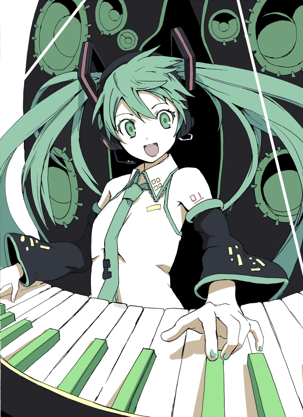 hyakuen raitaa, hatsune miku, vocaloid, bad id, bad pixiv id, aqua eyes, aqua hair, detached sleeves, flat chest, headphones, instrument, keyboard, keyboard (instrument), long hair, microphone, necktie, piano keys, solo, synthesizer, twintails, very long hair