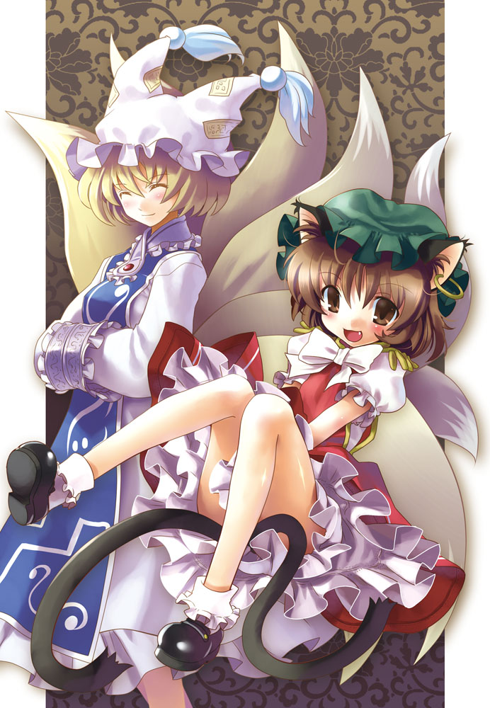 katahira masashi, chen, yakumo ran, touhou, 2girls, animal ears, animal hat, blonde hair, brown eyes, brown hair, cat ears, cat girl, cat tail, closed eyes, earrings, fang, female focus, fox tail, hands in opposite sleeves, hat, jewelry, long sleeves, mob cap, multiple girls, multiple tails, shoes, short hair, socks, tail, tassel, wide sleeves