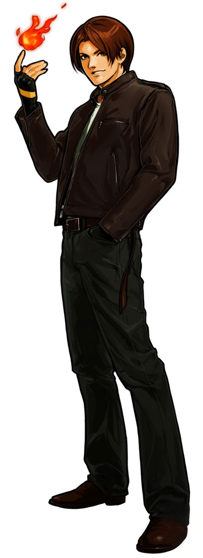hiroaki (kof), kusanagi kyou, snk, the king of fighters, the king of fighters xi, long image, official art, tall image, 1boy, brown hair, denim, fingerless gloves, fire, gloves, jacket, jeans, leather, leather jacket, male focus, pants, pyrokinesis, short hair, solo