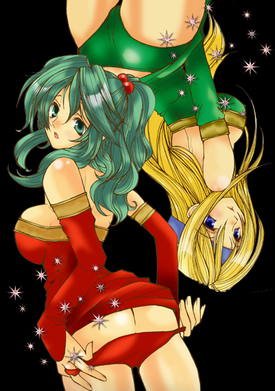 inaba naoki, naoki (artist), celes chere, tina branford, final fantasy, final fantasy vi, bad id, bad pixiv id, 1990s (style), 2girls, ass, blonde hair, blue eyes, butt crack, detached sleeves, green eyes, green hair, headband, long hair, multiple girls, panties, ponytail, retro artstyle, underwear