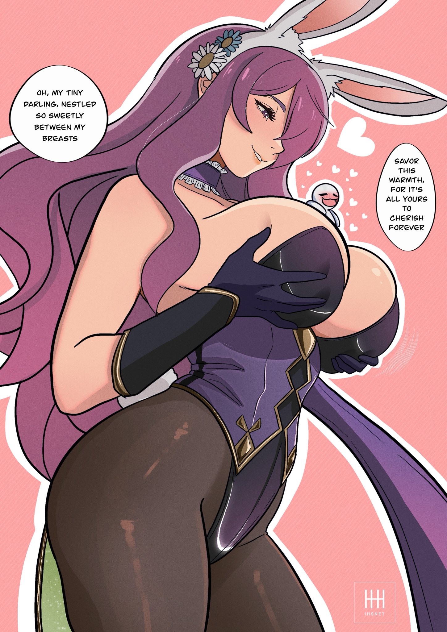 ihsnet, camilla (fire emblem), camilla (spring princess) (fire emblem), fire emblem, fire emblem fates, fire emblem heroes, nintendo, highres, 1girl, 1other, animal ears, between breasts, blush, breast lift, breasts, choker, deep skin, english text, fake animal ears, fake tail, frilled choker, frills, giant, giantess, gloves, grabbing own breast, hair over one eye, heart, huge breasts, long hair, official alternate costume, pantyhose, pink background, playboy bunny, purple choker, purple eyes, purple hair, rabbit ears, rabbit tail, sideboob, skindentation, smile, solo focus, tail, thick thighs, thighs, very long hair, wavy hair