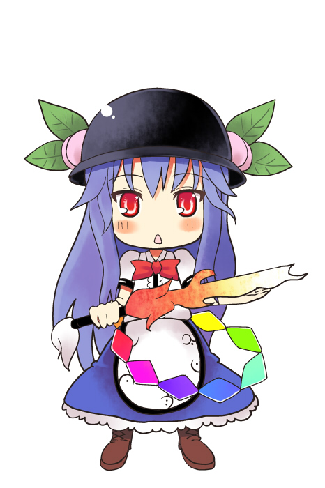 boshi (a-ieba), boshinote, hinanawi tenshi, touhou, bad id, bad pixiv id, 1girl, blue hair, chibi, female focus, food, fruit, hat, leaf, peach, red eyes, solo, sword, sword of hisou, weapon