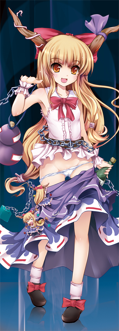 tomusooya, ibuki suika, touhou, bottle, chain, female focus, gourd, horns, loli, panties, solo, underwear