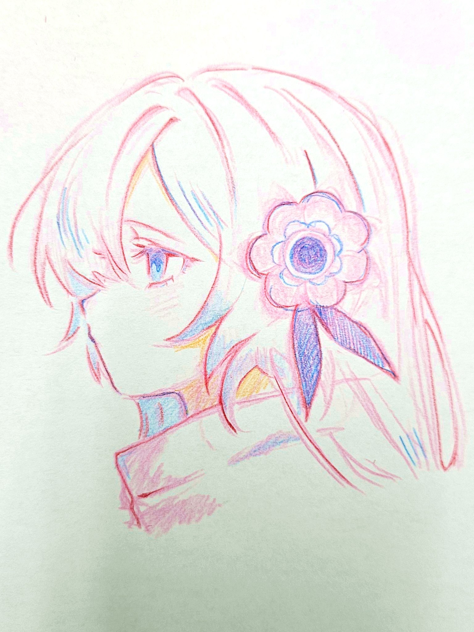 isekaijoucho, kamitsubaki studio, colored pencil (medium), highres, photo (medium), traditional media, 1girl, coat, flower, hair flower, hair ornament, head only, kisira 0509, long hair, profile, sketch, solo