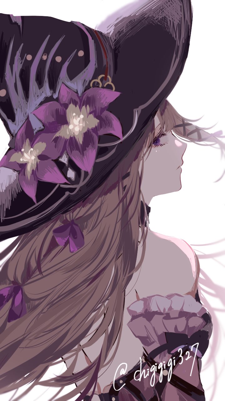 chigirinu, herta (honkai: star rail), the herta (honkai: star rail), honkai: star rail, honkai (series), commentary request, highres, 1girl, artist name, bare back, bare shoulders, black bow, black dress, black hat, black sleeves, blunt bangs, bow, brown hair, closed mouth, detached sleeves, dress, flower, frills, from behind, hair bow, hair ornament, hat, hat flower, hat ornament, long hair, long sleeves, looking at viewer, looking back, purple bow, purple eyes, purple flower, simple background, sleeveless, sleeveless dress, solo, strapless, strapless dress, upper body, white background, witch hat, x hair ornament