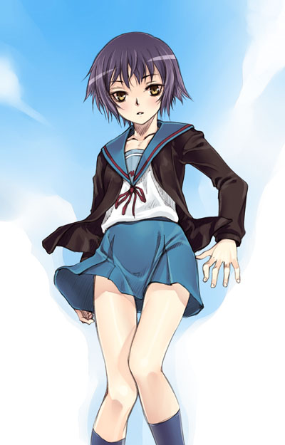 satou atsuki, nagato yuki, suzumiya haruhi no yuuutsu, 00s, 1girl, arm at side, blue skirt, blue sky, blue socks, blush, cardigan, clothes lift, cloud, day, female focus, from below, kneehighs, long sleeves, looking at viewer, miniskirt, neck ribbon, open cardigan, open clothes, purple hair, red ribbon, ribbon, school uniform, serafuku, short hair, skirt, skirt lift, sky, socks, solo, spread fingers, thigh gap, upskirt, wind, wind lift, yellow eyes