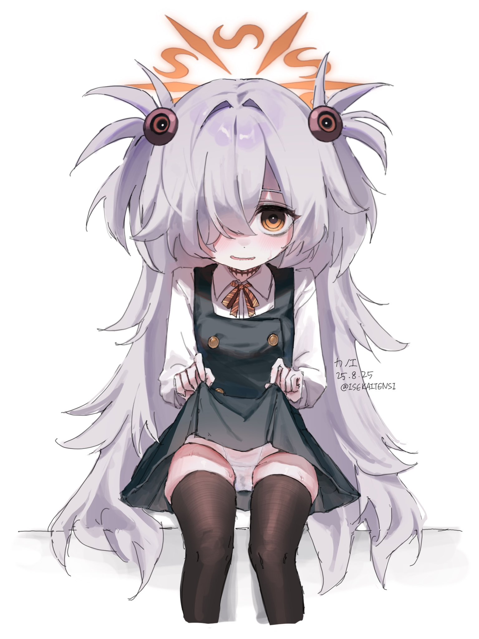 isekaitensi, kanoe (blue archive), blue archive, highres, black thighhighs, brown eyes, choker, dress, green dress, grey hair, hair ornament, halo, long hair, one eye covered, open mouth, orange halo, panties, thighhighs, two side up, underwear, wet, wet clothes, wet panties, white panties