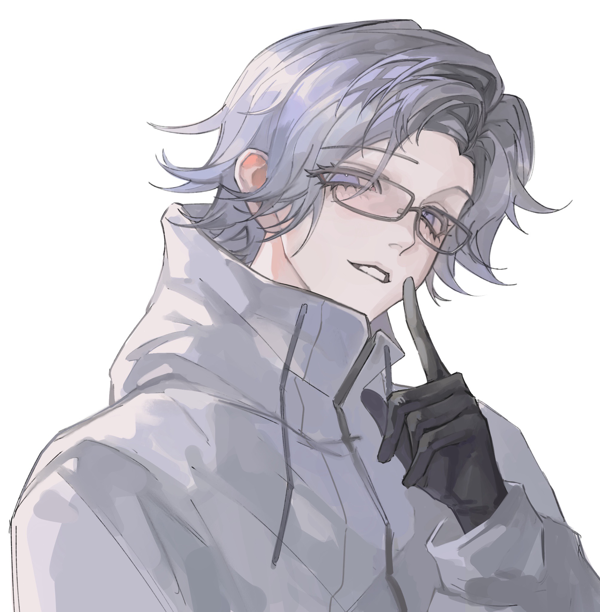 tuchuan fox, aotsuki eito, the hundred line -last defense academy-, chinese commentary, commentary request, highres, 1boy, black-framed eyewear, black gloves, drawstring, eyelashes, finger to cheek, glasses, gloves, grey hair, high collar, jacket, long sleeves, male focus, purple eyes, short hair, simple background, solo, upper body, white background, white jacket