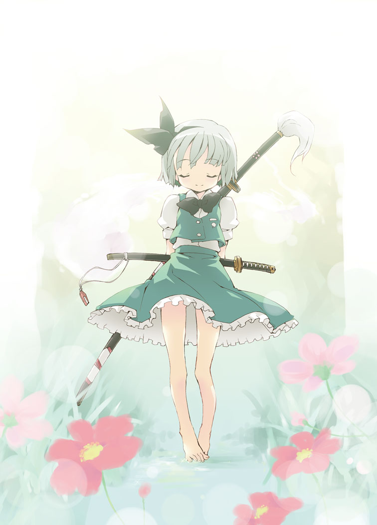 petenshi (dr. vermilion), konpaku youmu, konpaku youmu (ghost), touhou, 1girl, aged down, arms behind back, barefoot, closed eyes, clothes lift, feet, female focus, flower, hitodama, katana, sheath, sheathed, skirt, skirt lift, smile, solo, split mouth, sword, sword on back, walking, weapon, weapon on back